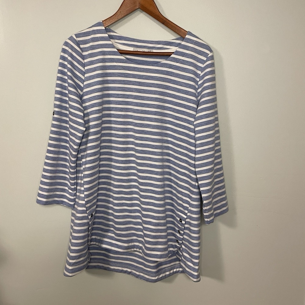Keren Hart Tunic Top Women L Striped Tab Button Roll Sleeves Detailed Hem